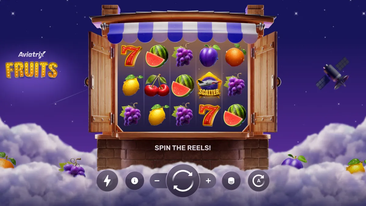 Interface do jogo Aviatrix Fruits mostrando símbolos clássicos e elementos do metaverso