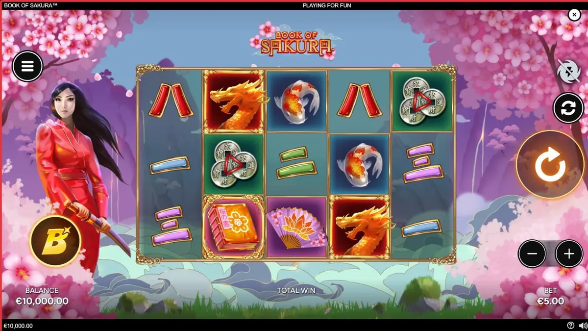 Heroína guerreira em um cenário de cerejeiras em flor no jogo Book of Sakura