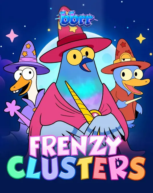 Interface vibrante e mágica do slot Frenzy Clusters com personagens animados